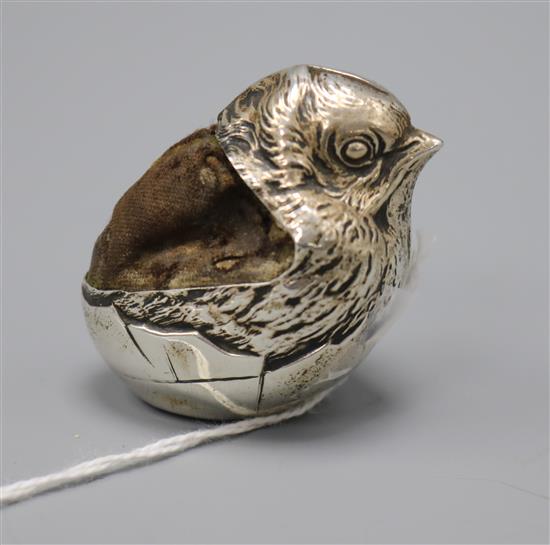 An Edwardian novelty silver hatching chick pin cushion, Sampson Mordan & Co, Chester, 1907